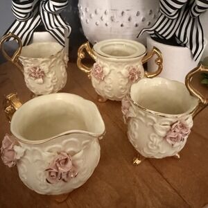 Vintage  4 Pc Set Doll House Tea Pot Set Flower Capodimonte Off White Pink Gold